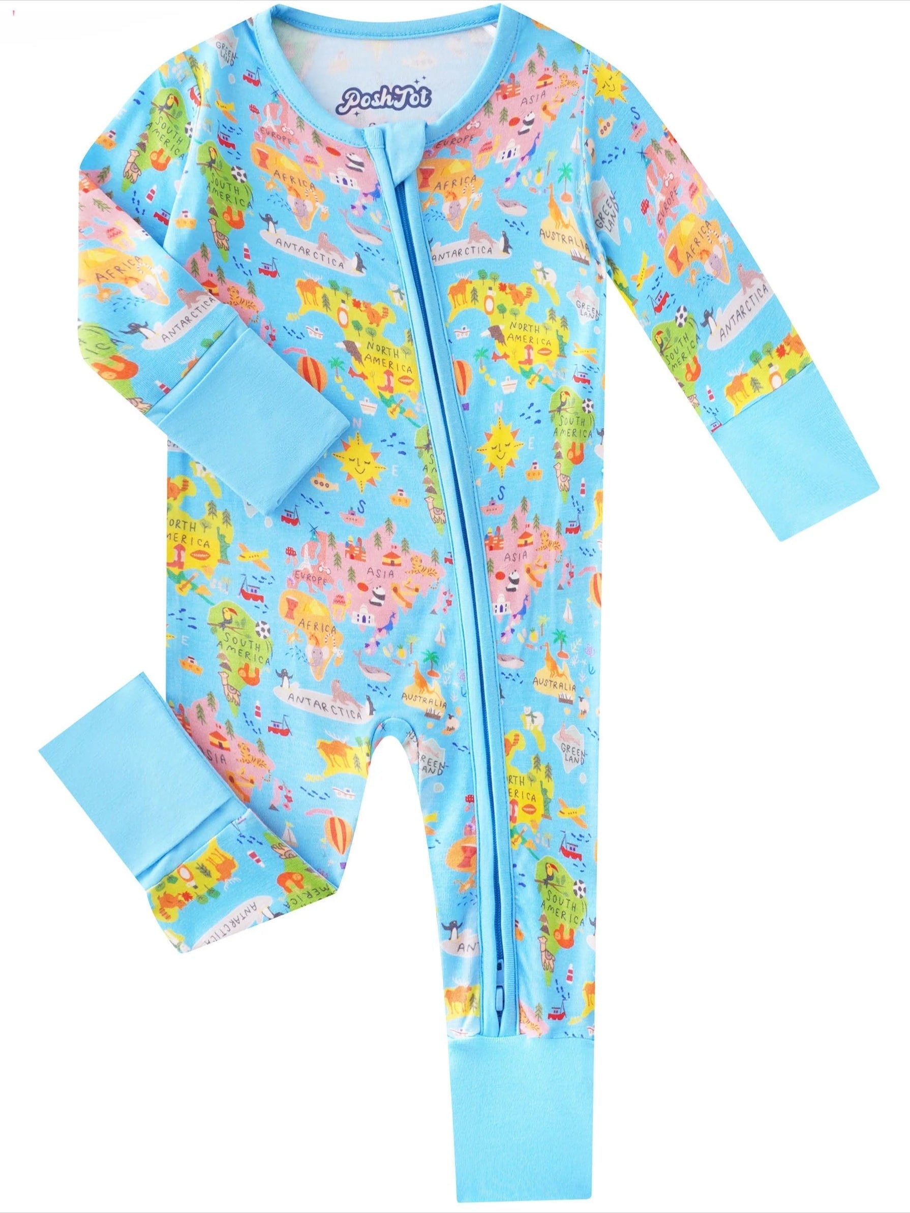 PoshTOT World Map Bamboo Baby Convertible Zippy Romper - Aaria Tees Aaria Tees