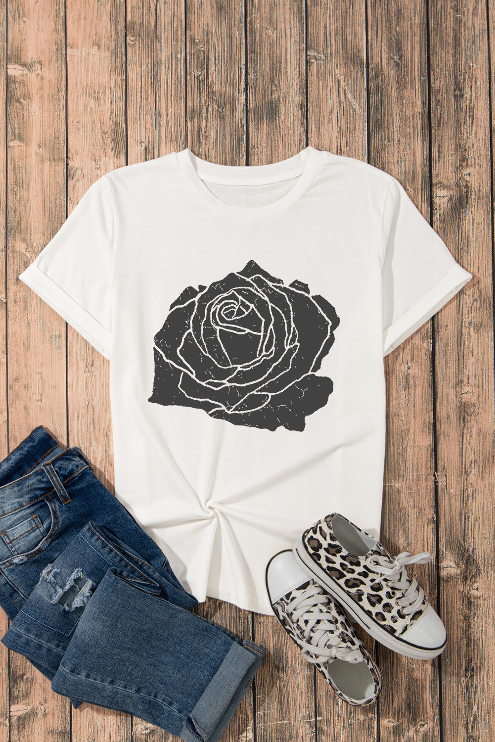 Rose Graphic Round Neck Short Sleeve T-Shirt - Aaria Tees Aaria Tees