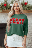 Blackish Green Twisted Rib Outlined Merry Letter Graphic Loose Long Sleeve Top Aaria Tees