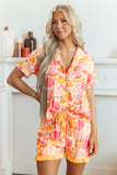 Pink Short Sleeve Pumpkin Print Pocket Placket Shell Button Lounge Set - Aaria Tees Aaria Tees