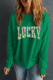 Dark Green LUCKY Clover Letter Printed Loose Pullover Sweatshirt Aaria Tees