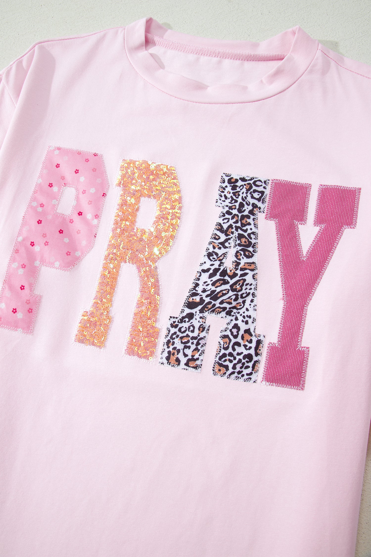 Pink PRAY Sequin Leopard Multiple Patched Graphic Tee - Aaria Tees Aaria Tees
