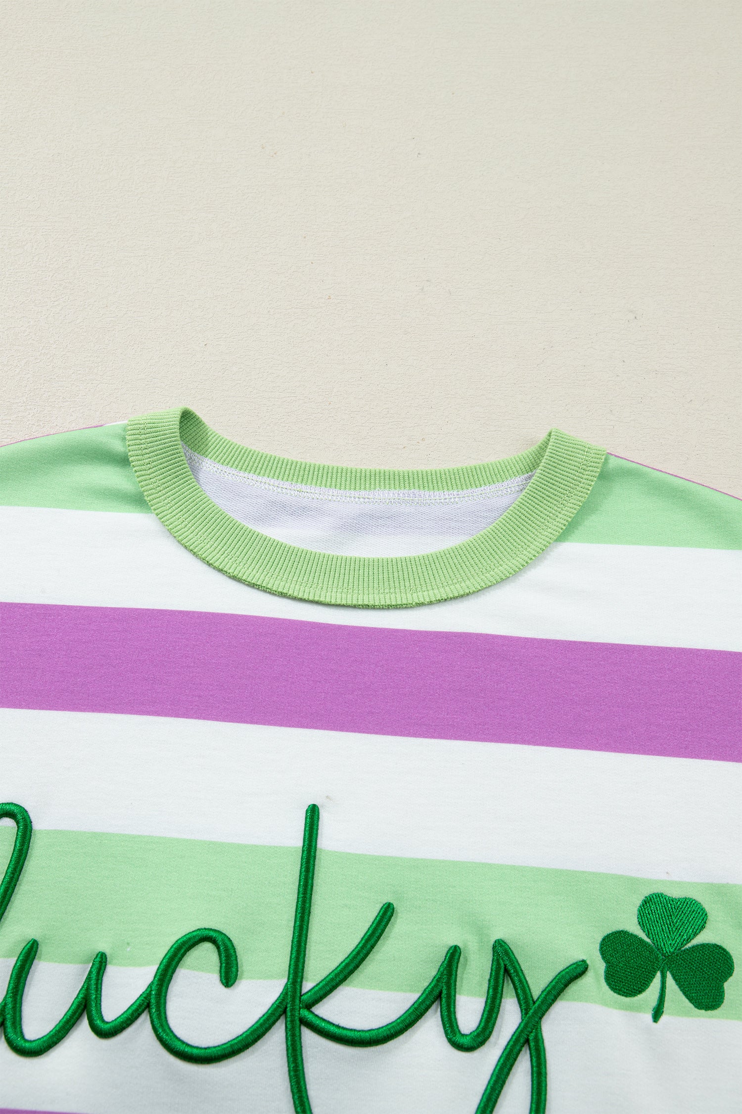 Green Stripe Lucky Clover Embroidered Graphic Dolman Loose Tee - Aaria Tees Aaria Tees
