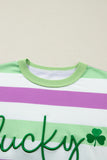 Green Stripe Lucky Clover Embroidered Graphic Dolman Loose Tee - Aaria Tees Aaria Tees