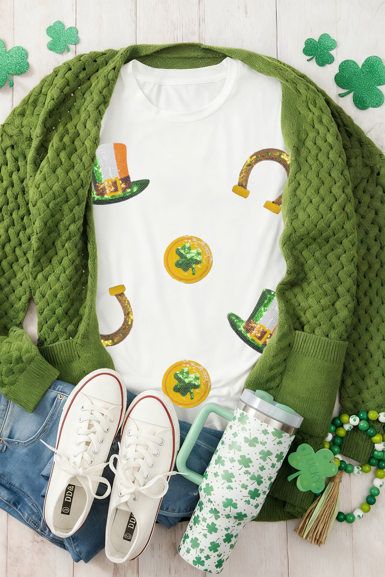 White St Patricks Day Sequin Graphic Casual T Shirt - Aaria Tees Aaria Tees