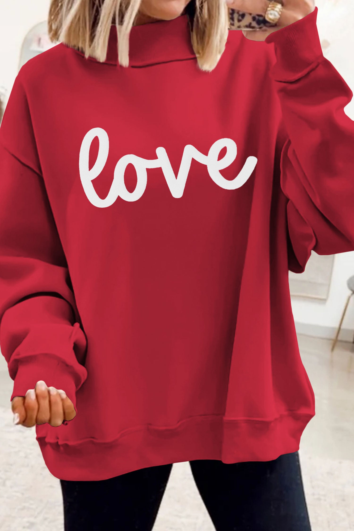 Racing Red Valentines Day Heart Love Script Reversible Printed Double Wear Mock Neck Sweatshirt - Aaria Tees Aaria Tees
