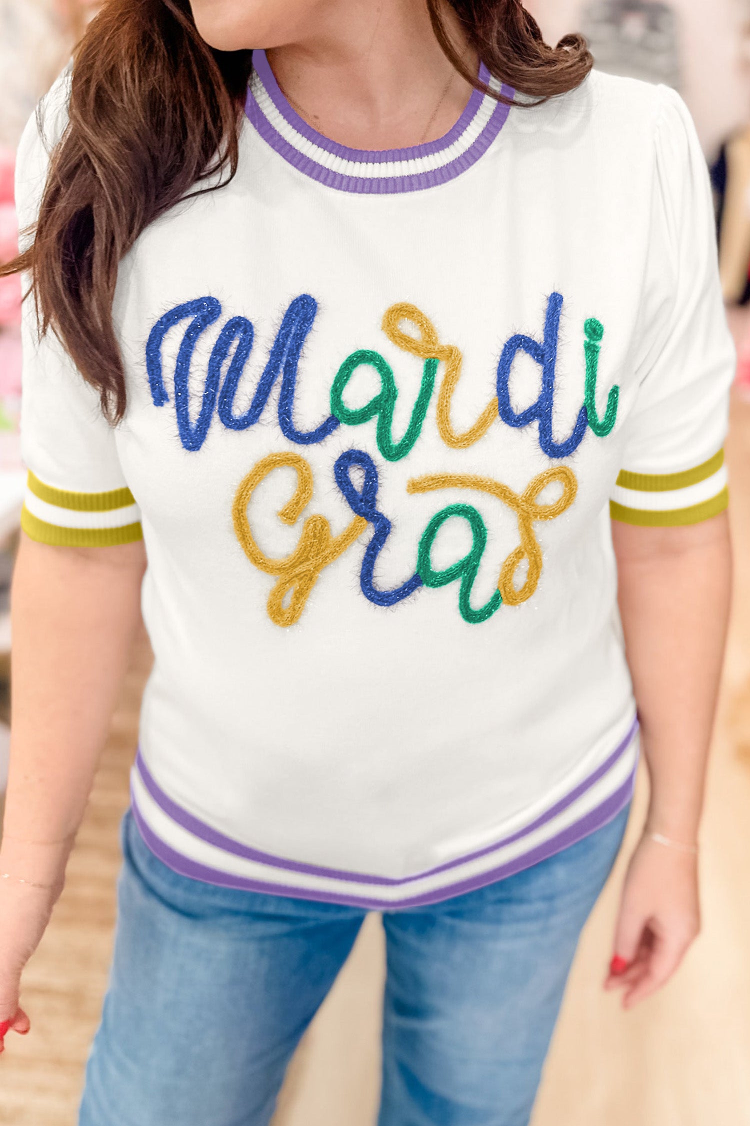 White Mardi Gras Tinsel Letter Graphic Short Sleeve Sweater - Aaria Tees Aaria Tees