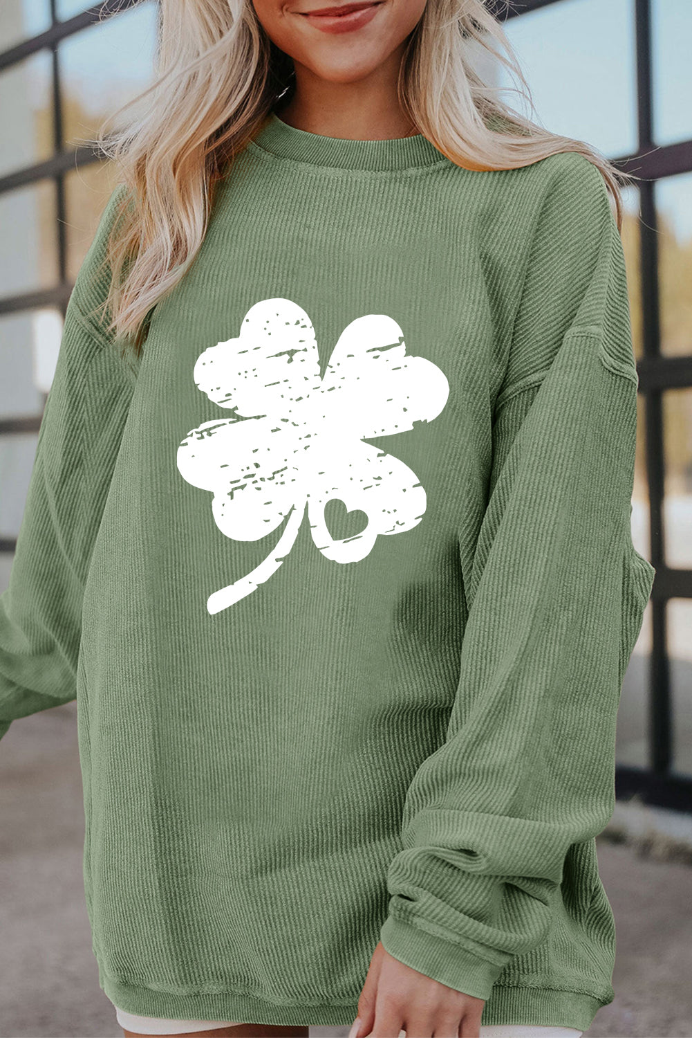 Grass Green Distressed Clover Print St Patricks Corded Sweatshirt - Aaria Tees Aaria Tees