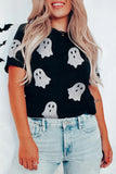 Black Glitter Ghost Pattern Crew Neck Halloween T Shirt - Aaria Tees Aaria Tees