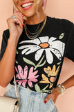 Black Retro Floral Print Crew Neck Casual T Shirt - Aaria Tees Aaria Tees