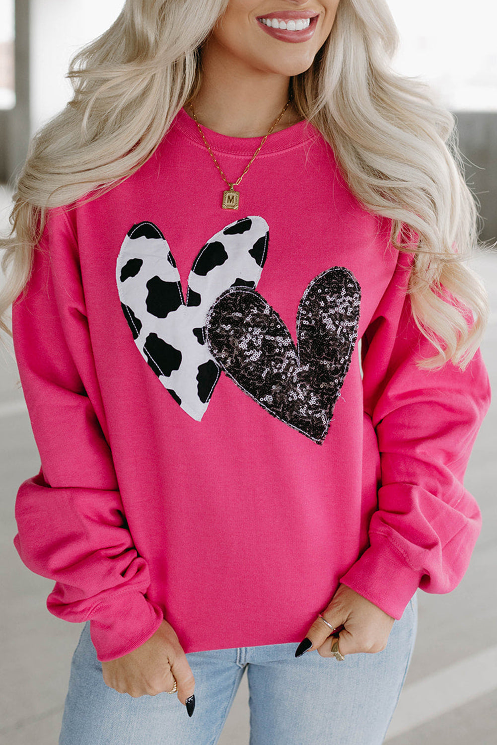 Strawberry Pink Cow & Sequin Double Heart Patch Graphic Sweatshirt - Aaria Tees Aaria Tees