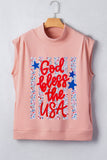 Pink God bless the USA Floral American Flag Print High Neck Short Sleeve Top Aaria Tees