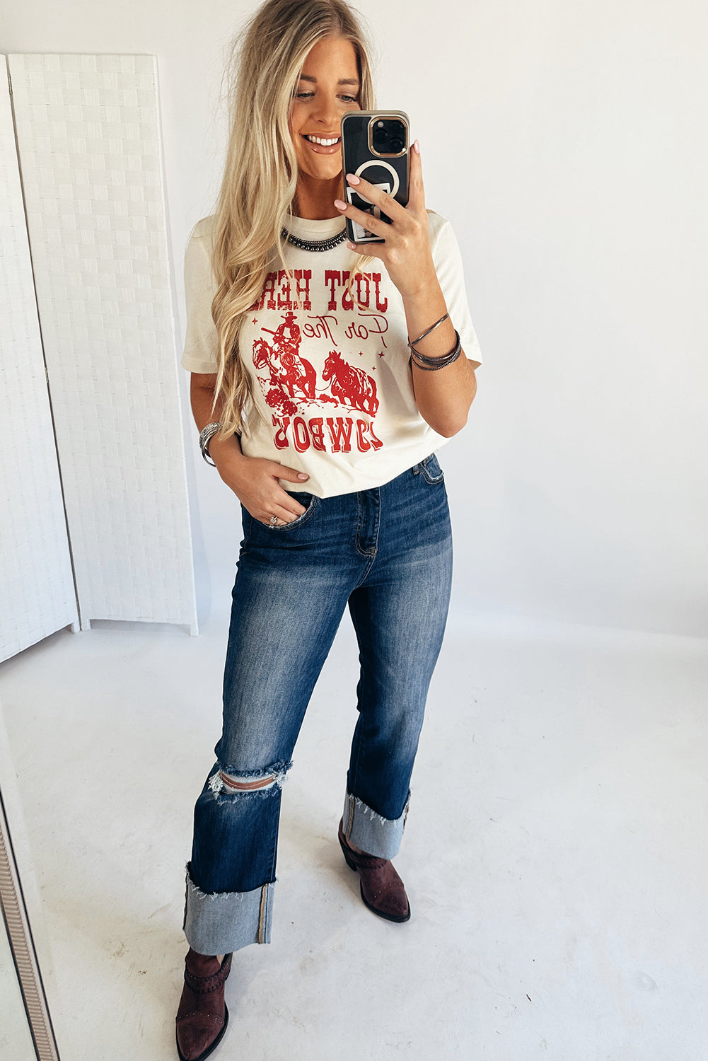 White JUST HERE For THE COWBOY Cuffed Sleeve Crew Neck T Shirt - Aaria Tees Aaria Tees