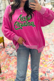 Strawberry Pink Twisted Ribbed Texture Merry Christmas Sequin Letter Graphic Top Aaria Tees