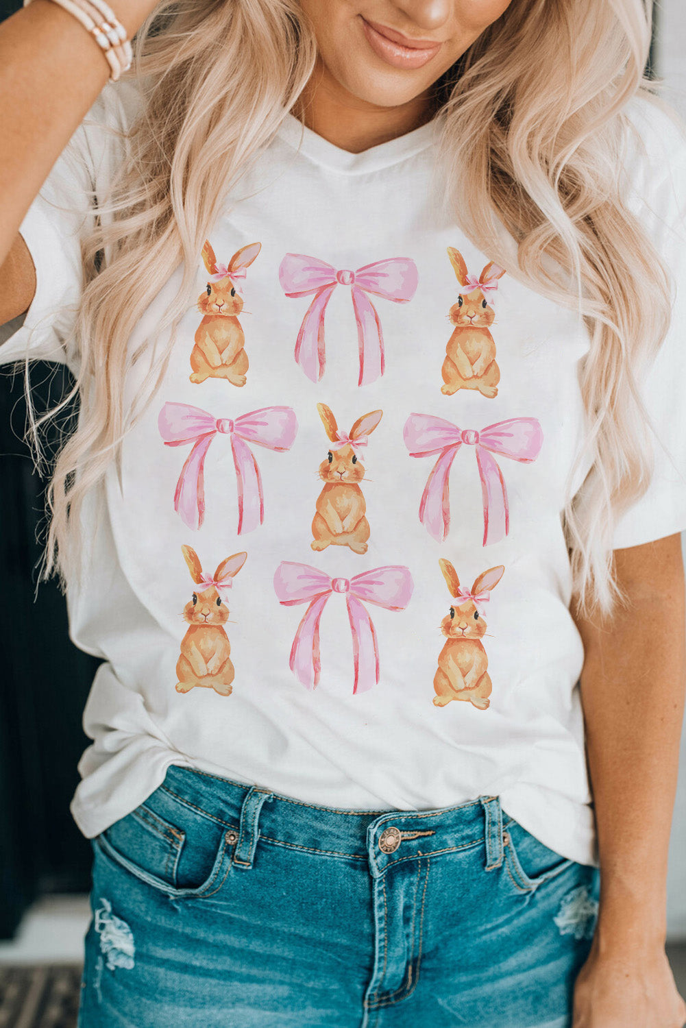 White Rabbit Bow Knot Print Crew Neck T Shirt - Aaria Tees Aaria Tees