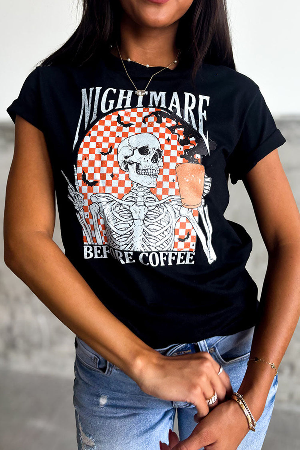 Black Nightmare Before Coffee Skull Checkerboard Graphic Halloween Tee - Aaria Tees Aaria Tees