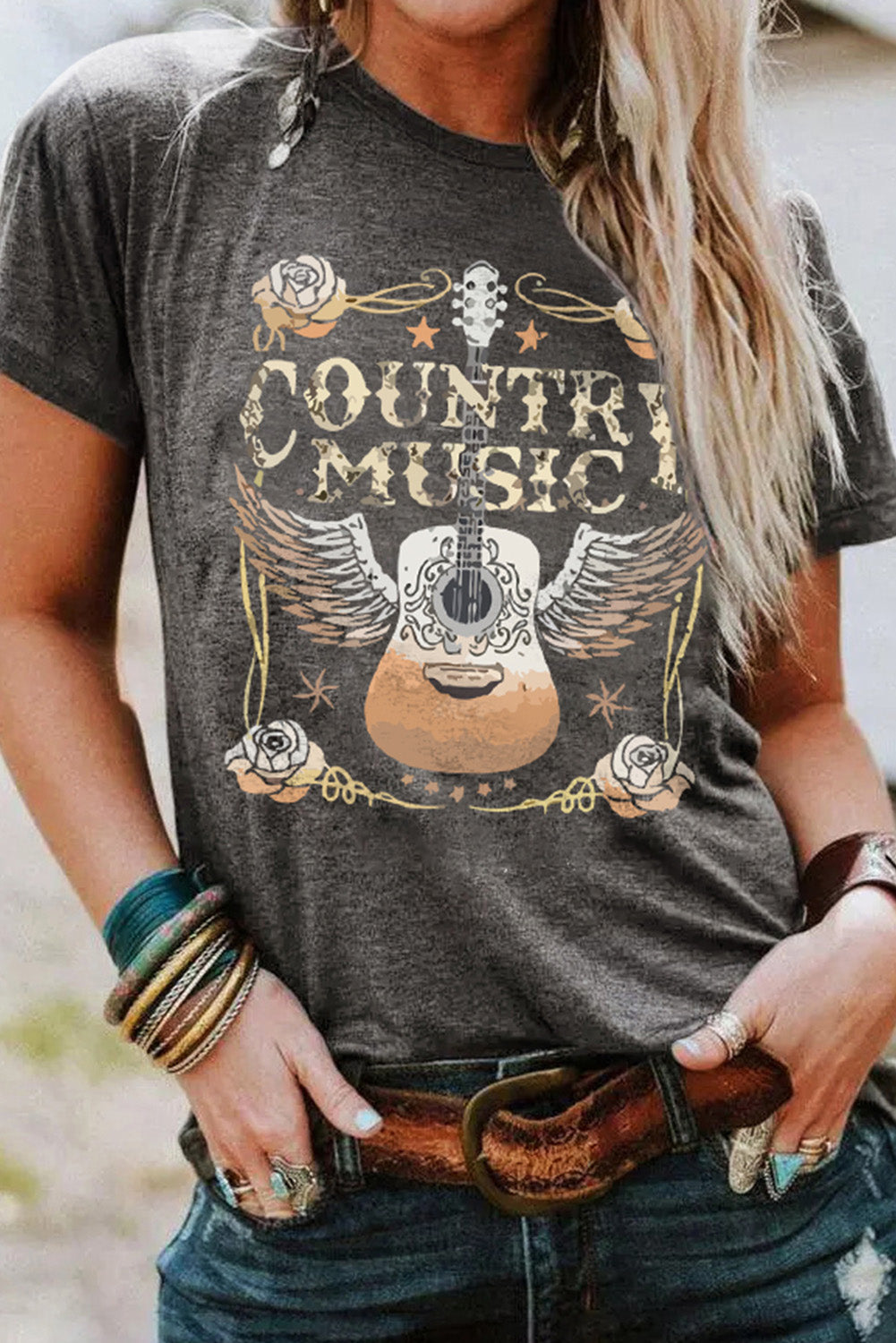 Gray COUNTRY MUSIC Guitar Graphic Print Crew Neck T Shirt - Aaria Tees