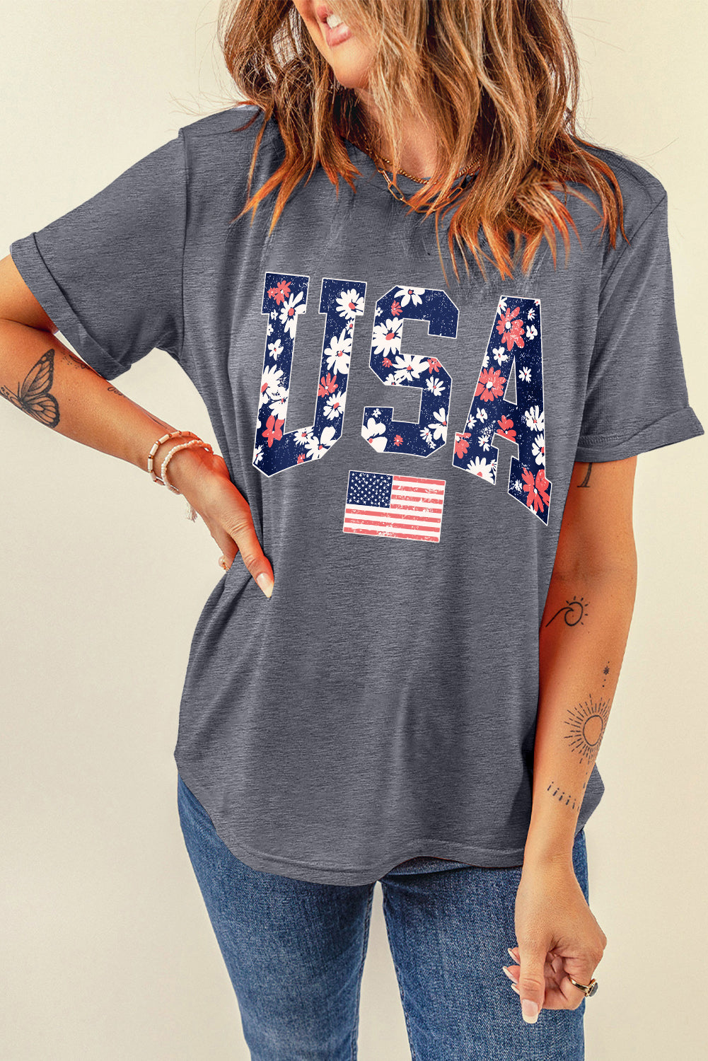 Gray Blooming USA Flag Print Casual T Shirt - Aaria Tees Aaria Tees