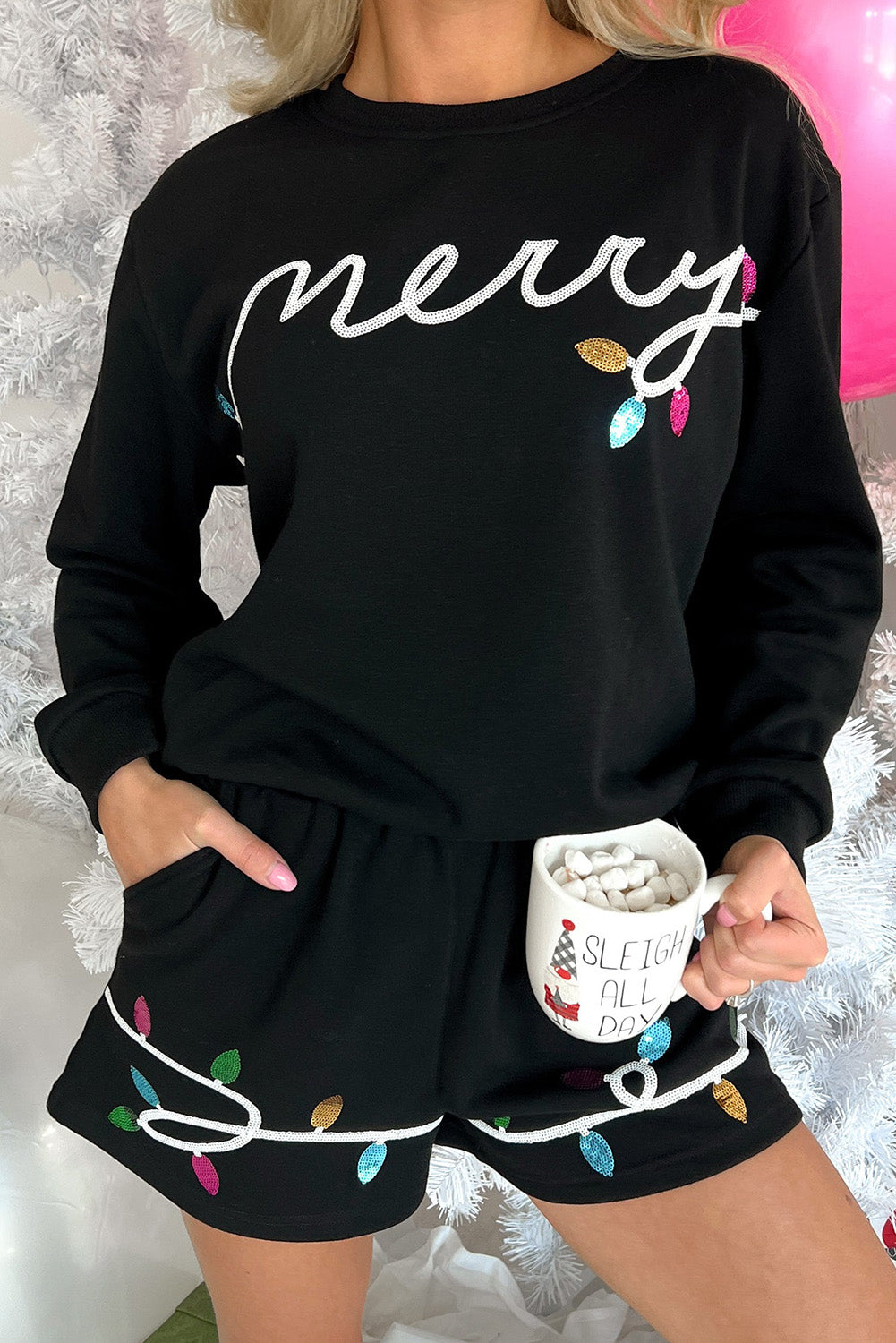 Black Sequin Merry Graphic Pullover and Shorts Outfit - Aaria Tees