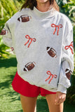 Light Grey Sequin Rugby Bow Graphic Mock Neck Relaxed Pullover Sweatshirt Aaria Tees