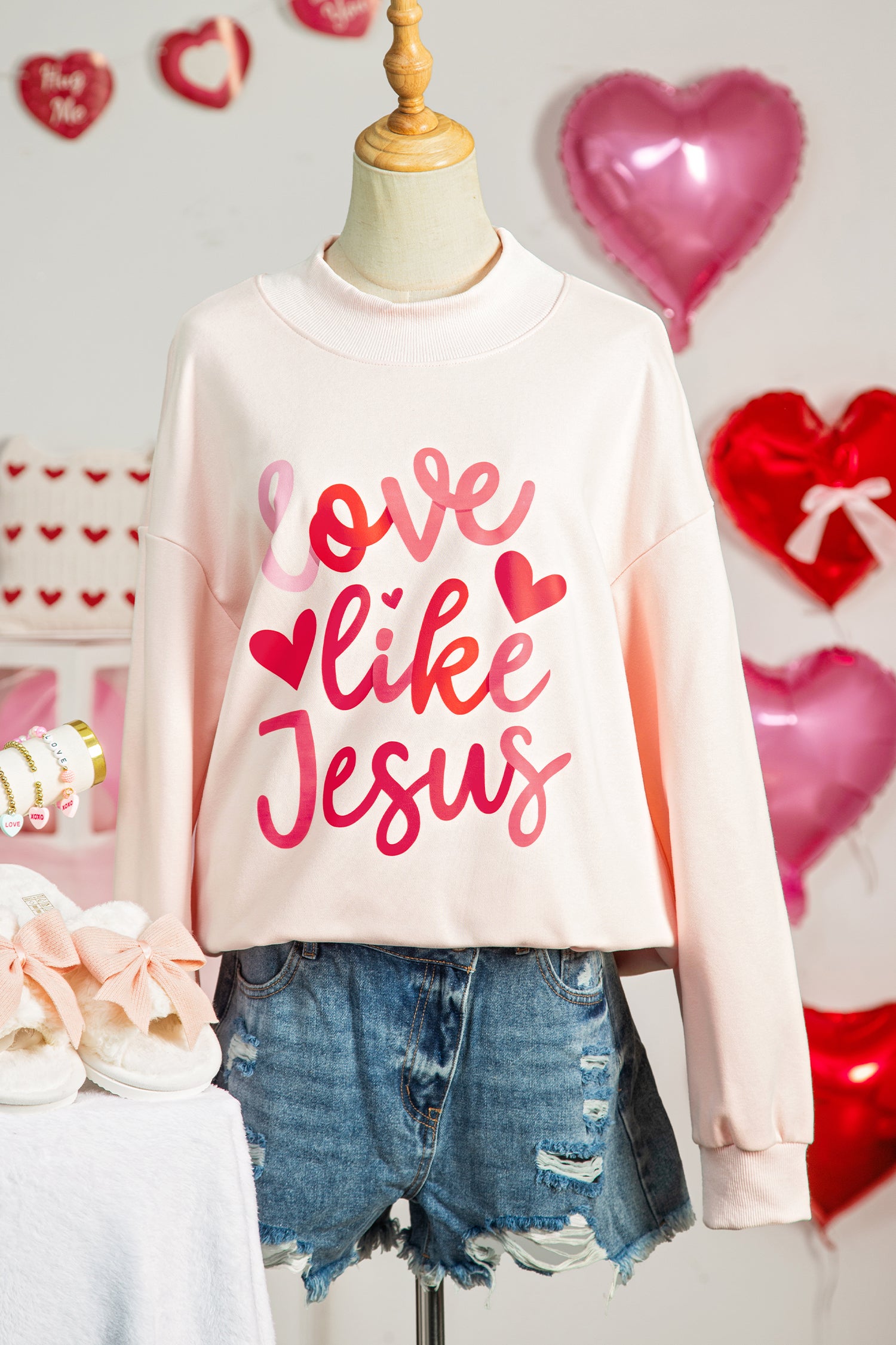Light Pink love like Jesus Valentines Day Mock Neck Sweatshirt - Aaria Tees Aaria Tees