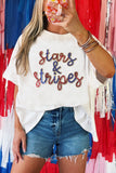 White Sequin stars & stripes Graphic Drop Shoulder Loose T Shirt Aaria Tees