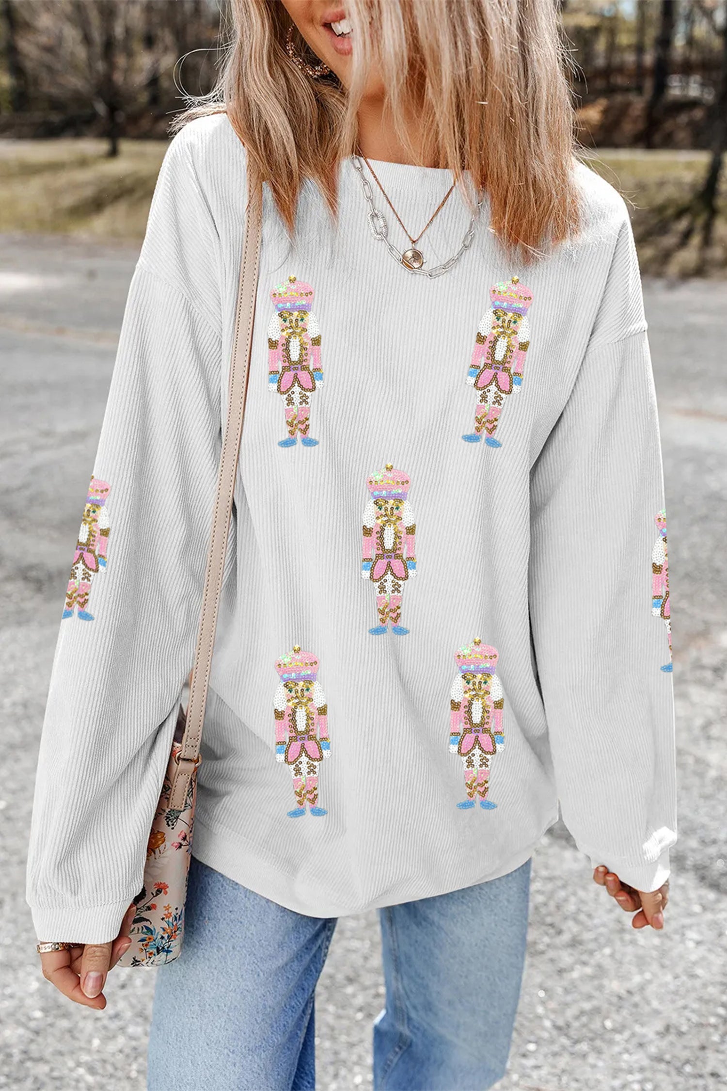 White Corded Rib Sequin Patched Nutcracker Graphic Drop Shoulder Sweatshirt - Aaria Tees Aaria Tees