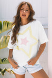 White Star Layered Patched Graphic Drop Shoulder Half Sleeve Loose Tee Aaria Tees