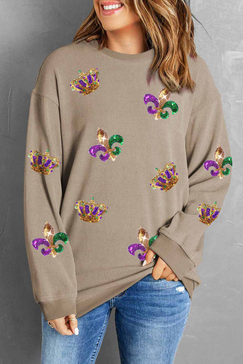 Khaki Mardi Gras Sequin Crown Fleur De Lis Corded Sweatshirt - Aaria Tees Aaria Tees