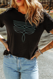 Black Western Fashion Geometric Embroidered T Shirt Aaria Tees