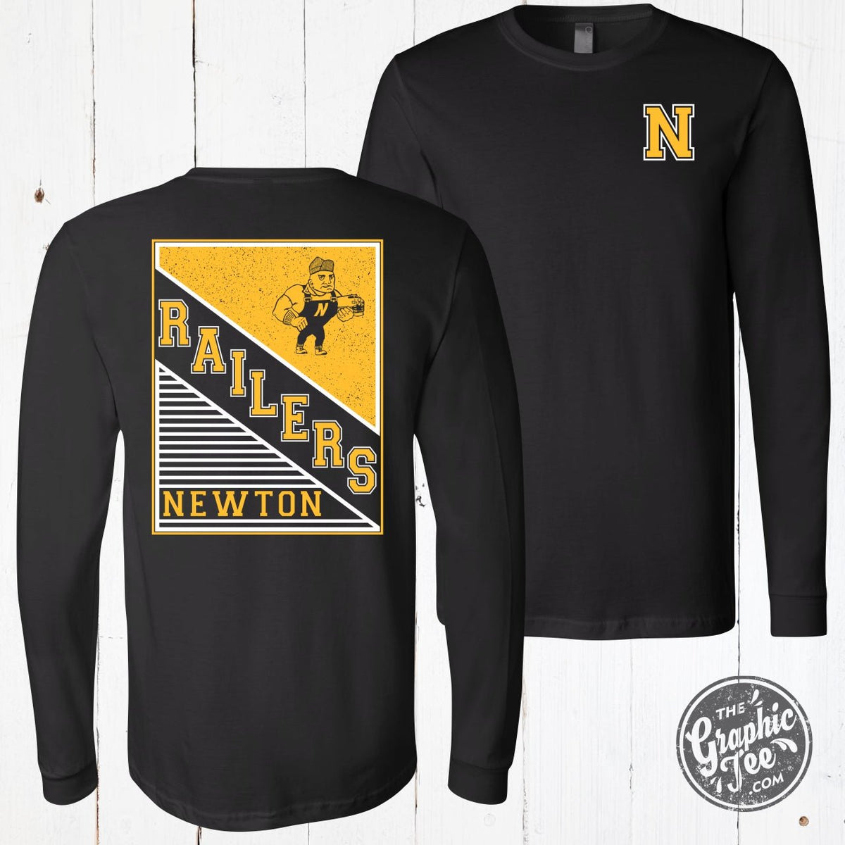 Adult Newton Railers Rectangular With Railer Man Black Long Sleeve Crewneck Tee - Aaria Tees