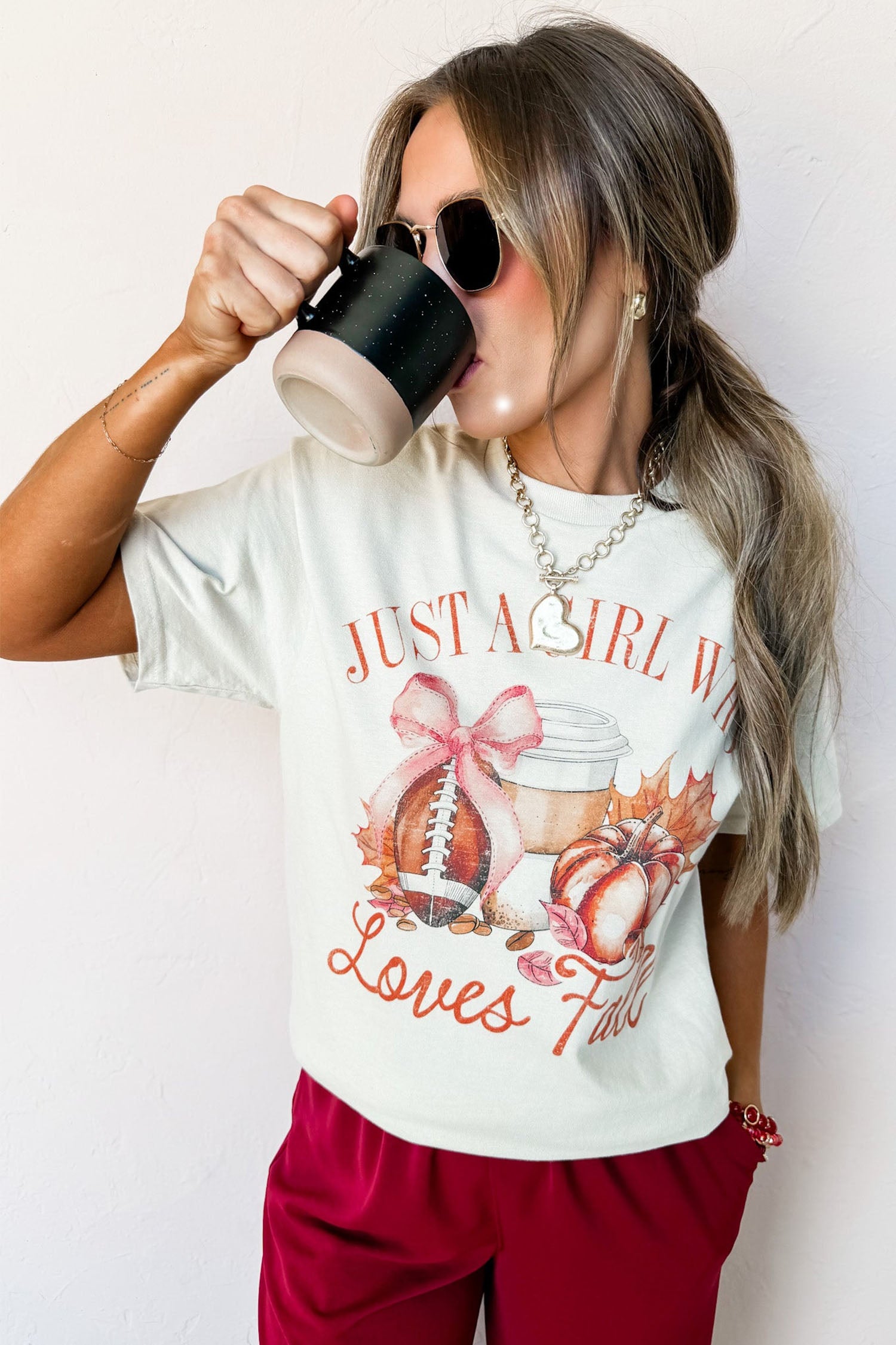 White JUST A GIRL WHO Loves Fall Graphic Casual Tee - Aaria Tees Aaria Tees