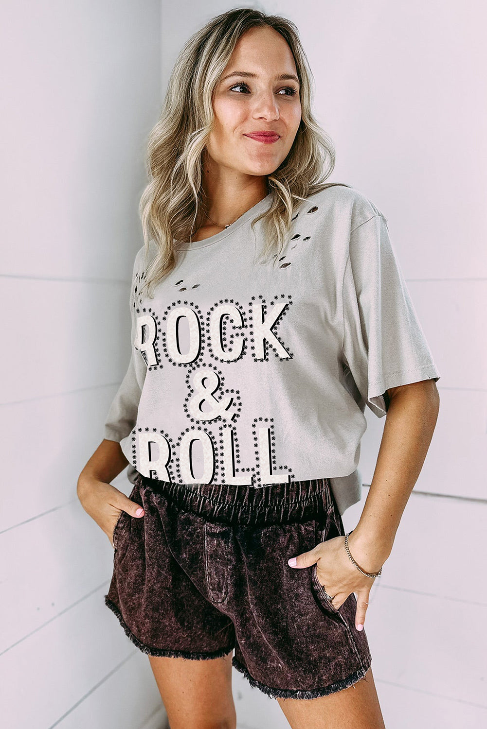 Gray Rock & Roll Graphic Distressed Vintage Tee - Aaria Tees Aaria Tees