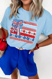 Light Blue Faux Patchwork Printed Coquette American Flag Graphic Tee Aaria Tees