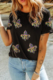 Black Maid Gras Sequin Fleur de Lis Graphic T Shirt Aaria Tees