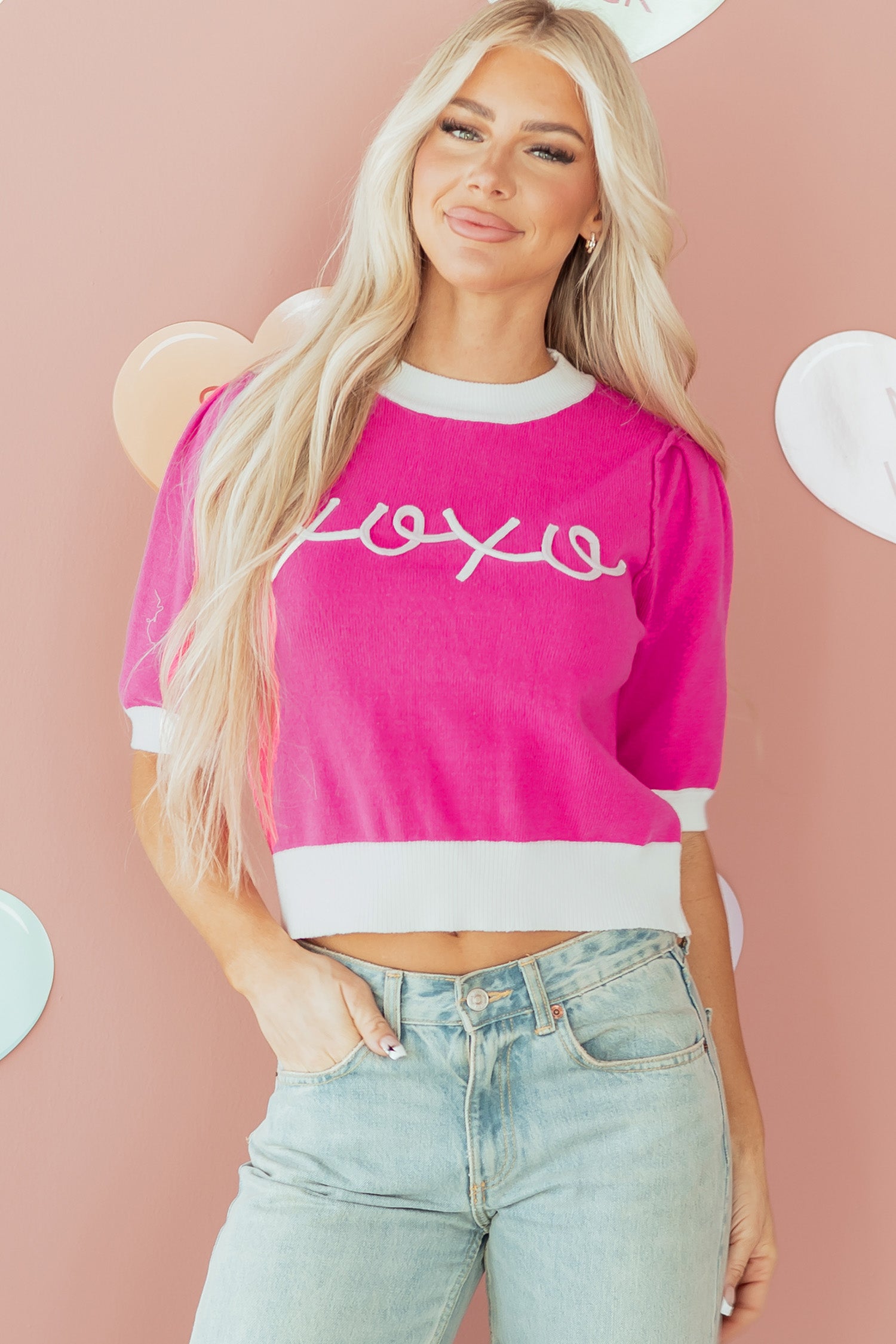 Bright Pink XOXO Embroidered Graphic Valentines Contrast Trim Crew Neck Short Puff Sleeve Sweater Tee - Aaria Tees Aaria Tees