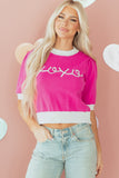 Bright Pink XOXO Embroidered Graphic Valentines Contrast Trim Crew Neck Short Puff Sleeve Sweater Tee - Aaria Tees Aaria Tees