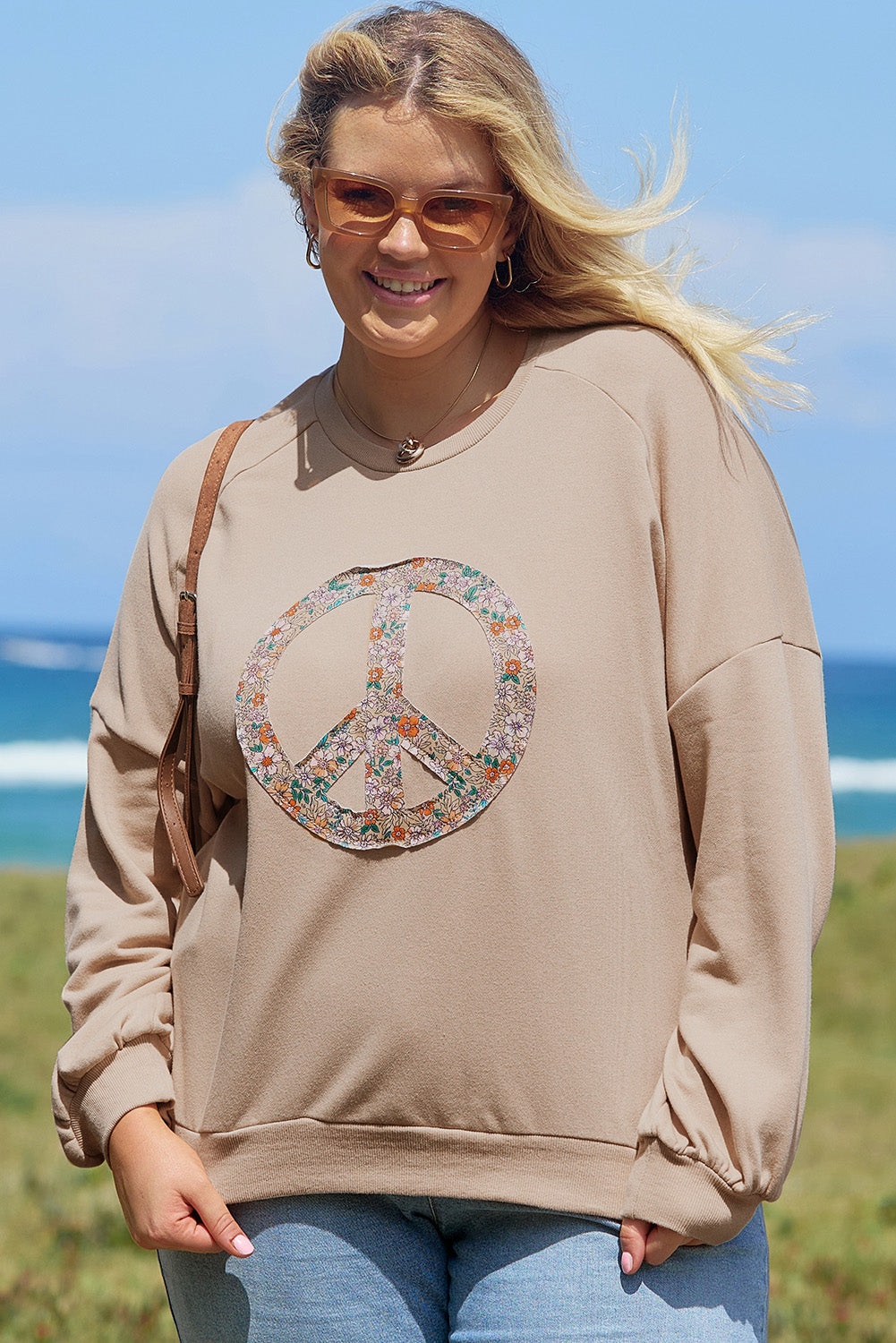 Pale Khaki Floral Peace Sign Graphic Washed Terry Plus Size Sweatshirt - Aaria Tees Aaria Tees
