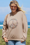 Pale Khaki Floral Peace Sign Graphic Washed Terry Plus Size Sweatshirt - Aaria Tees Aaria Tees