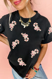 Black Sequined Candy Cane Patched Pattern Holiday T Shirt Aaria Tees