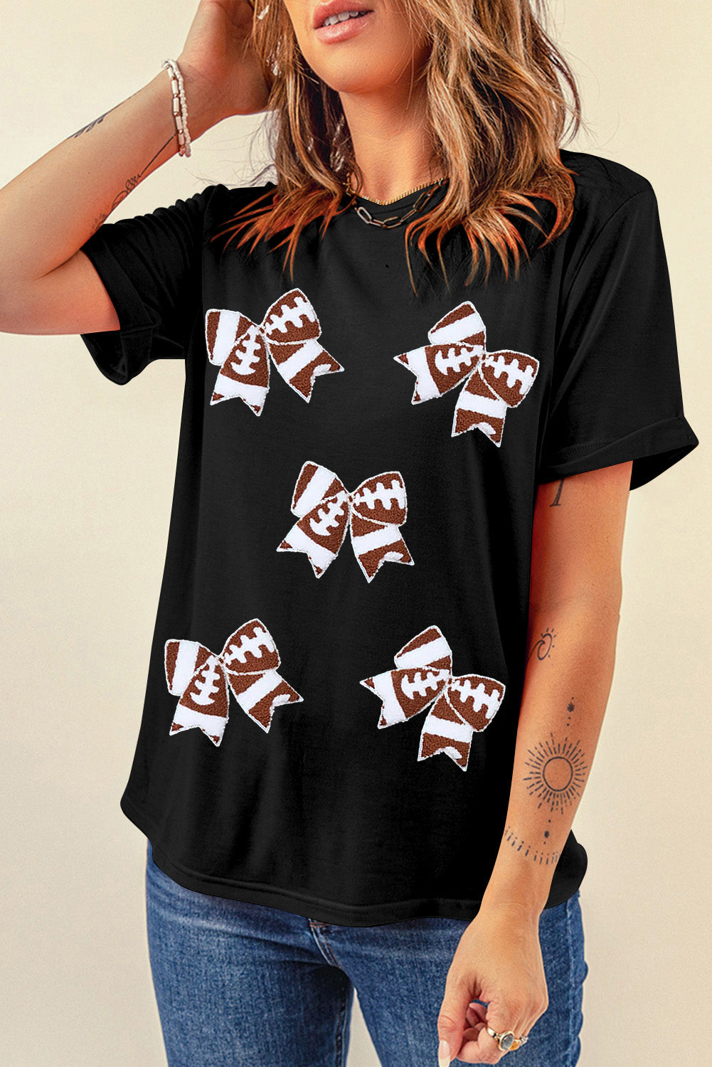 Black Rugby Football Bowknot Pattern Game Day T Shirt - Aaria Tees Aaria Tees