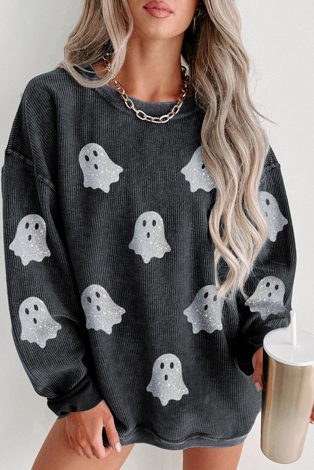 Pink Halloween Ghost Corded Crew Neck Loose Sweatshirt - Aaria Tees Aaria Tees