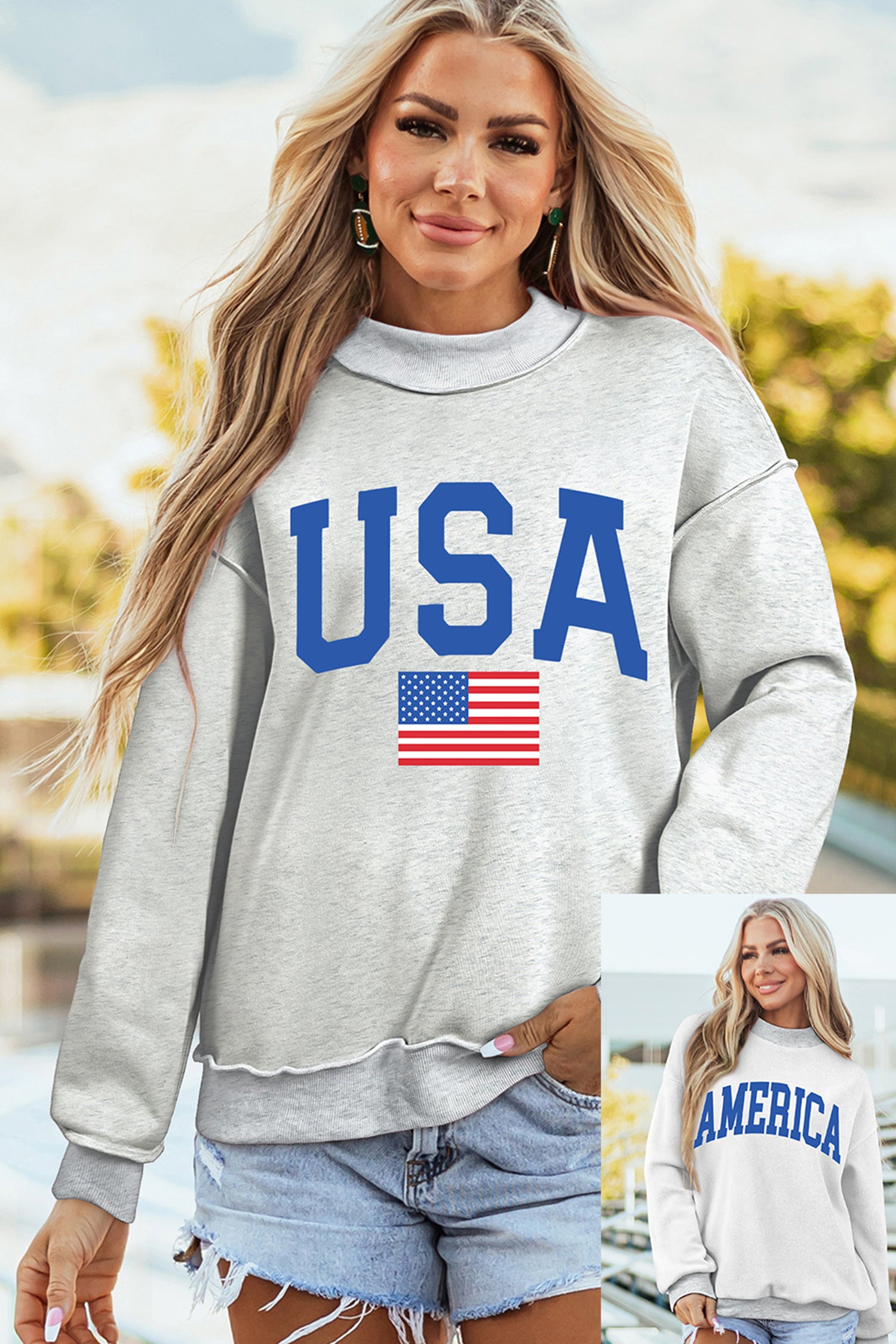 Light Grey Mock Neck Reversible USA/America Graphic Sweatshirt - Aaria Tees Aaria Tees