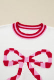 White Striped Trim Bow Graphic Round Neck Drop Shoulder Sweater Aaria Tees