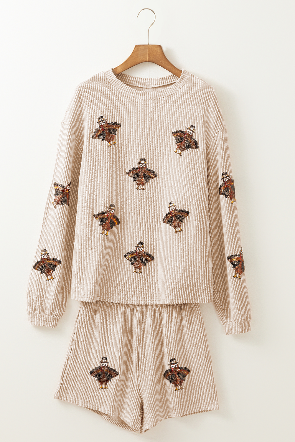 Parchment Thanksgiving Sequined Turkey Corded Knit Loose Fit Shorts Set - Aaria Tees Aaria Tees