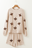 Parchment Thanksgiving Sequined Turkey Corded Knit Loose Fit Shorts Set - Aaria Tees Aaria Tees