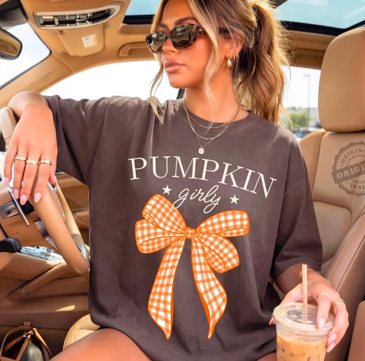 Pumpkin Girly Bow Graphic Tee | Fall Gingham Shirt | Cute Pumpkin Season T-Shirt - Aaria Tees