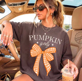 Pumpkin Girly Bow Graphic Tee | Fall Gingham Shirt | Cute Pumpkin Season T-Shirt - Aaria Tees Aaria Tees