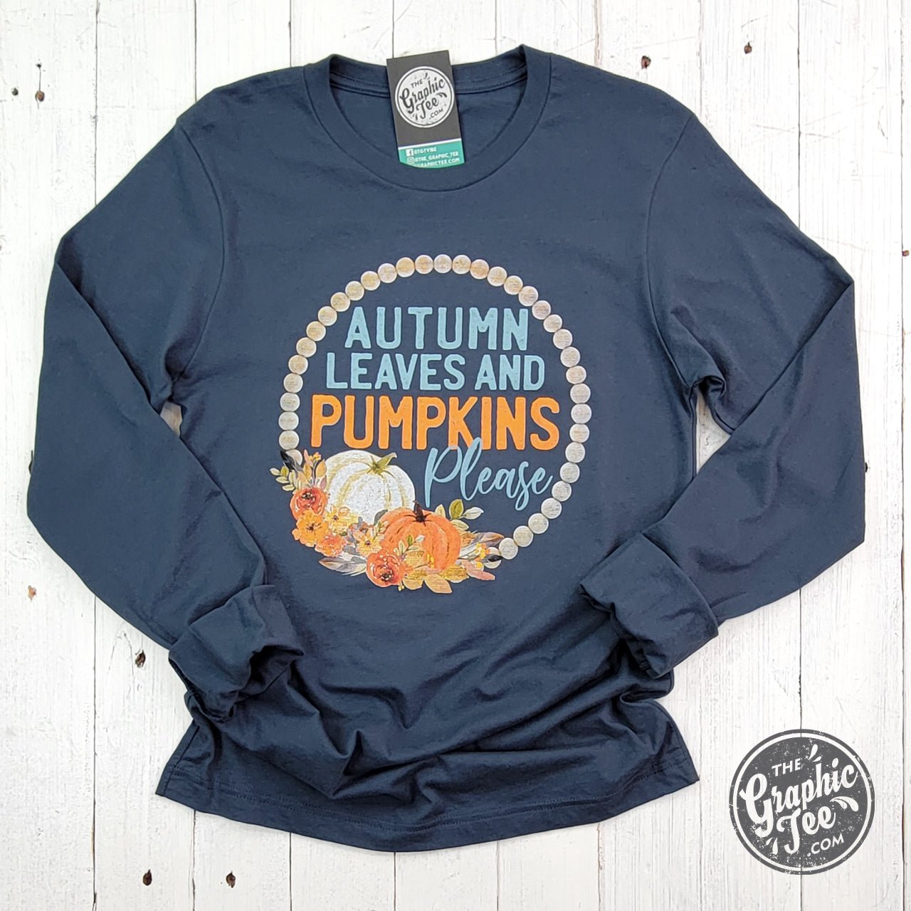 Autumn Leaves and Pumpkins Please Vintage Navy Long Sleeve Tee - Aaria Tees Aaria Tees