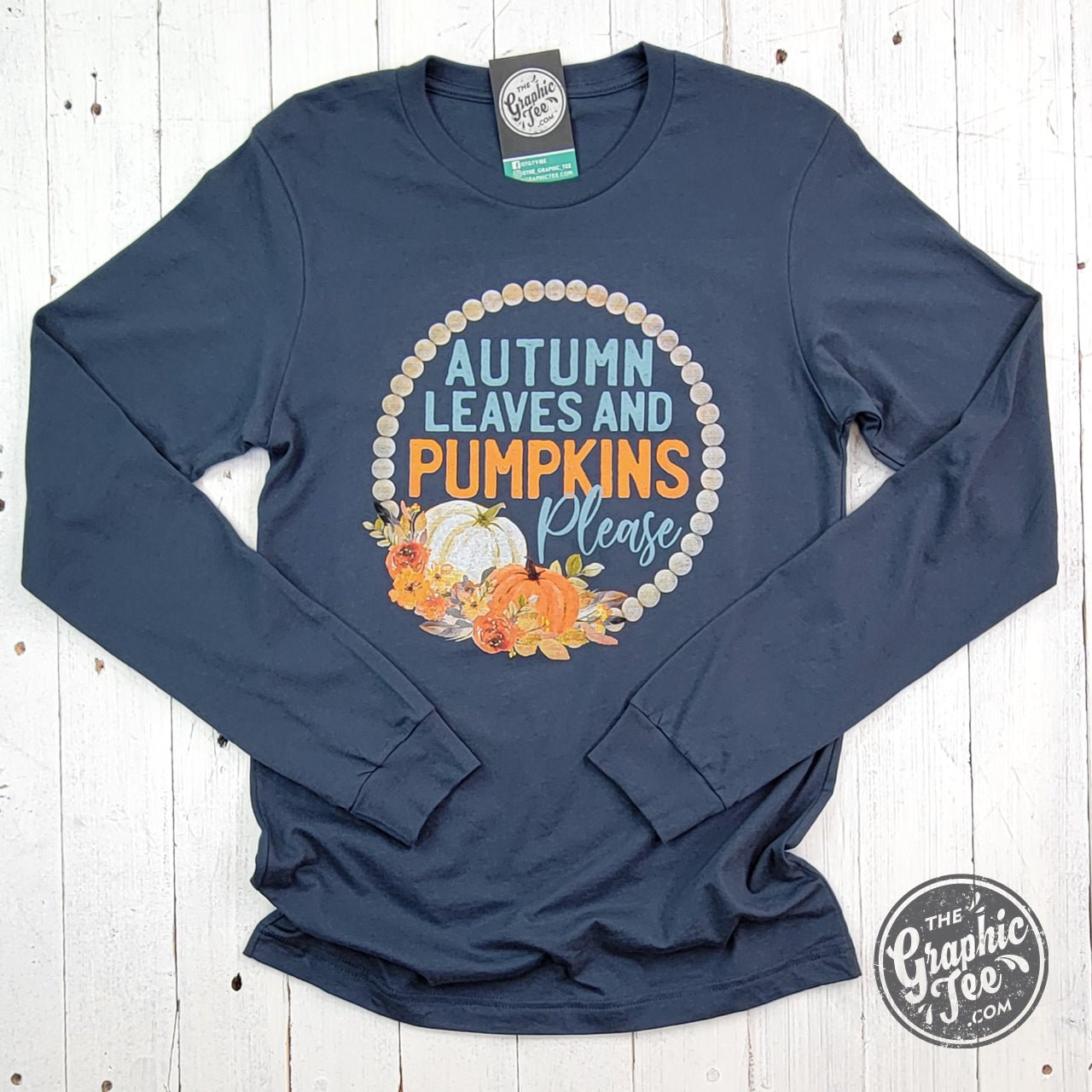 Autumn Leaves and Pumpkins Please Vintage Navy Long Sleeve Tee - Aaria Tees Aaria Tees